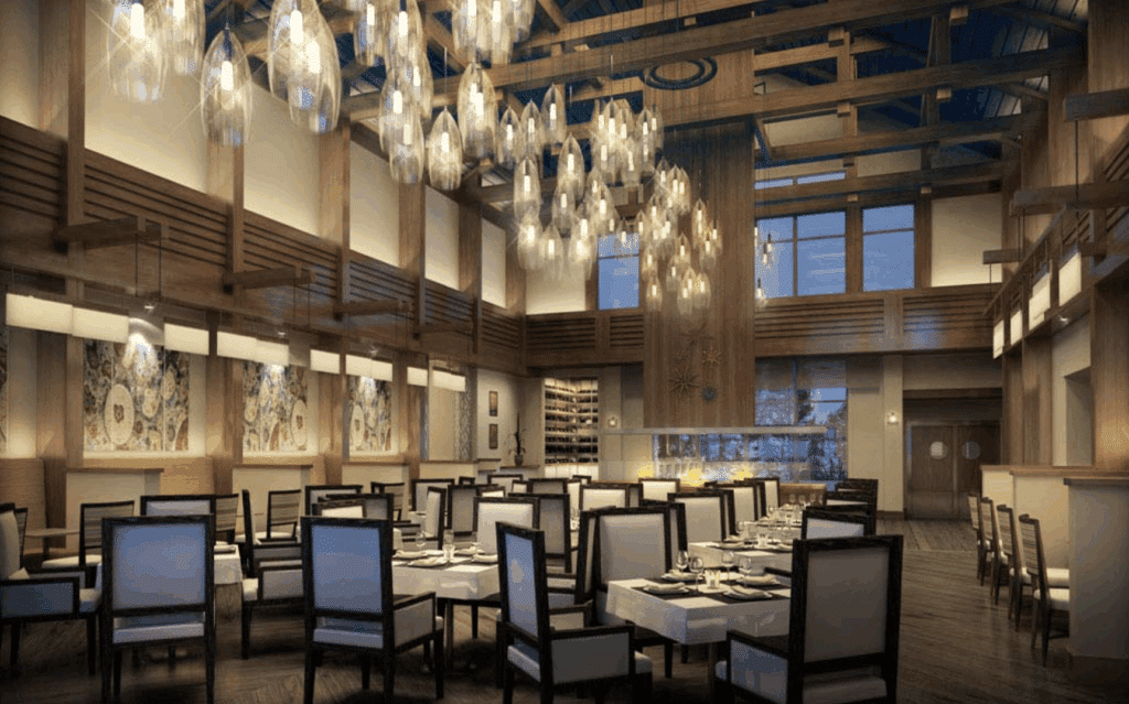 Modern dining hall with large windows and dark beams.